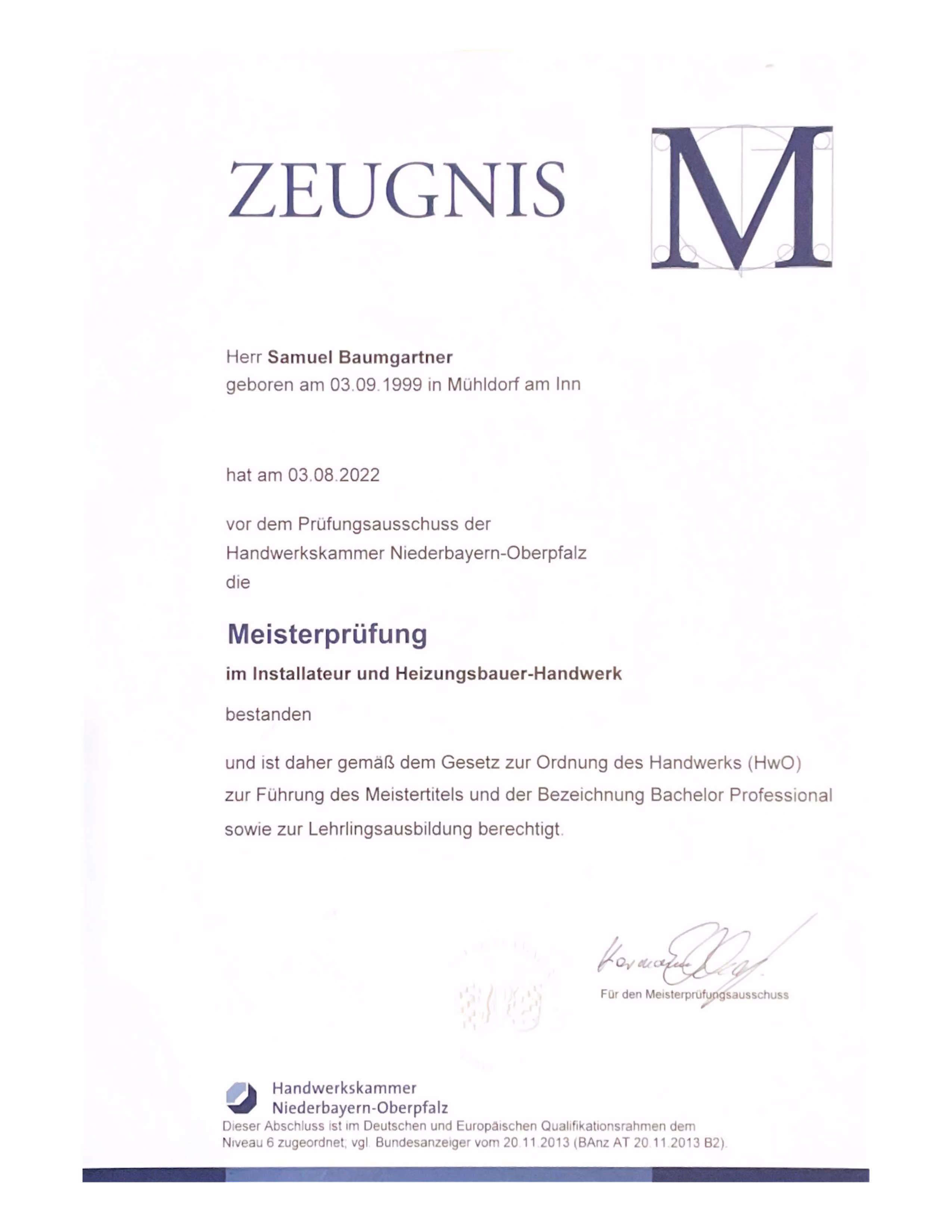 Meisterbrief von Samuel Baumgartner